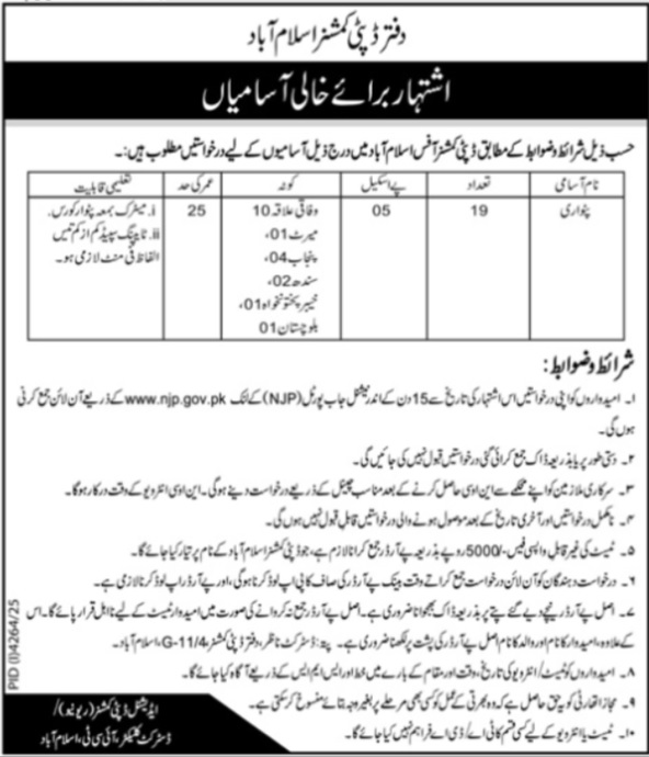Latest Deputy Commissioner Office Jobs Islamabad 2025