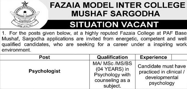 Latest Fazaia Model Inter College Education Jobs Sargodha 2025