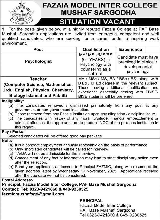 Latest Fazaia Model Inter College Education Jobs Sargodha 2025