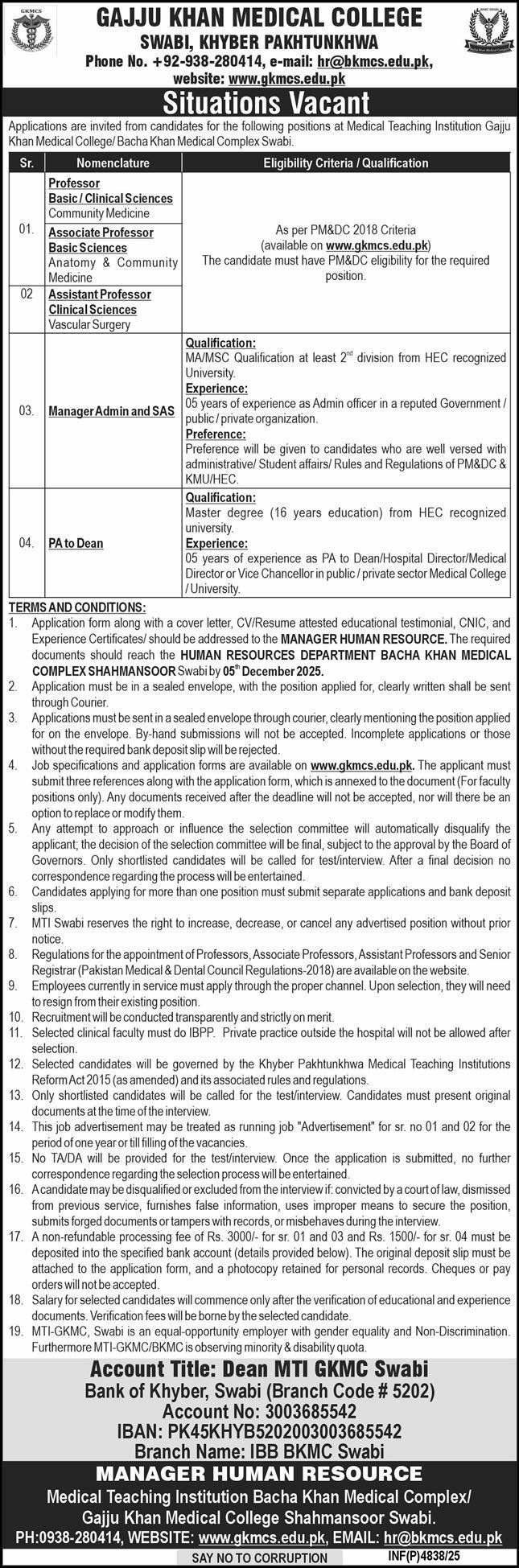 Latest Gajju Khan Medical College Swabi Education Jobs Swabi 2025