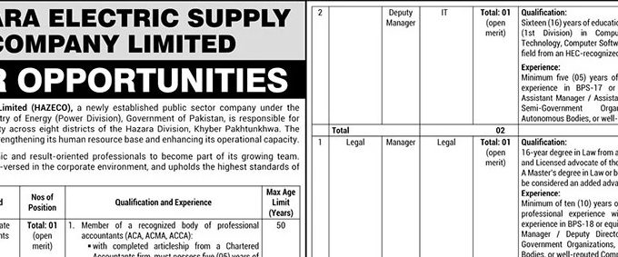 Latest Hazara Electric Supply Company HAZECO Jobs Abbottabad 2025