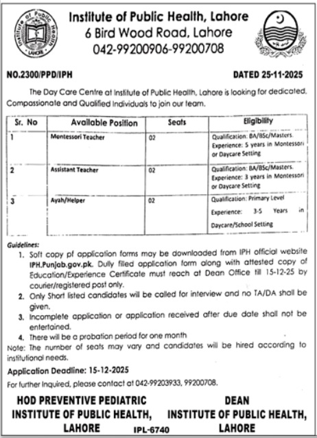 Latest Institute of Public Health Education Jobs Lahore 2025