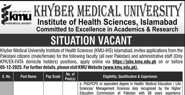 Latest Khyber Medical University KMU Education Jobs Islamabad 2025
