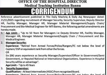 Latest Medical Teaching Institution MTI Education Jobs Bannu 2025