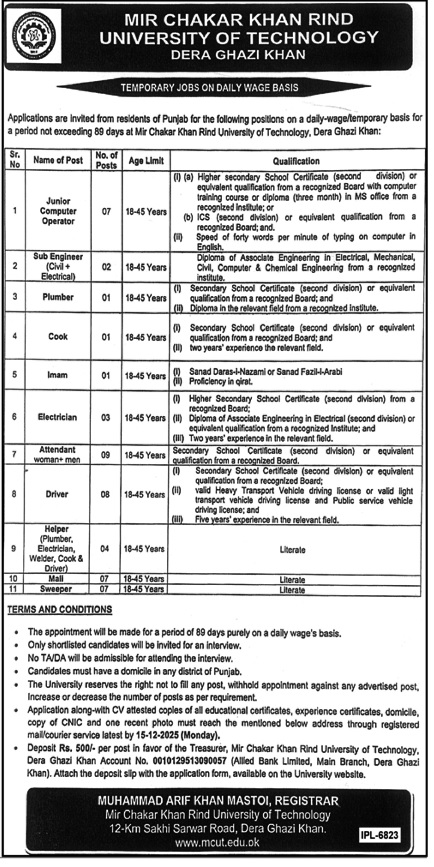 Latest Mir Chakar Khan Rind University of Technology  Jobs Dera Ghazi Khan 2025