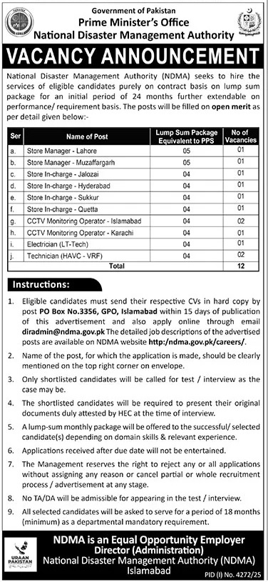 Latest National Disaster Authority Jobs Islamabad 2025