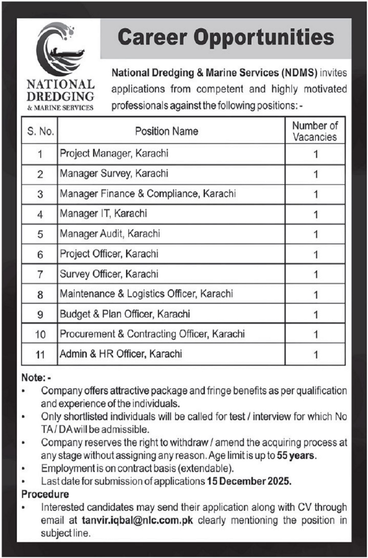 Latest National Dredging & Marine Services NDMS Jobs Karachi 2025