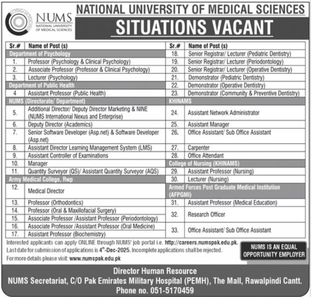 Latest National University of Medical Sciences NUMS Jobs Rawalpindi 2025