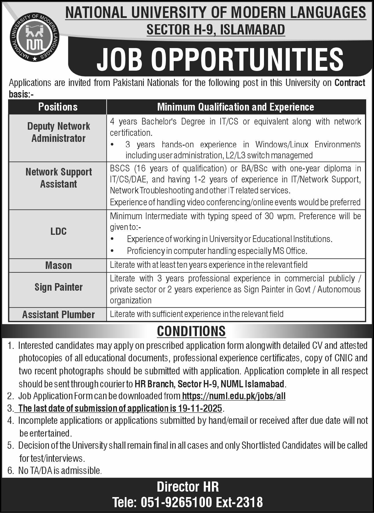 Latest National University of Modern Languages NUML Education Jobs Islamabad 2025