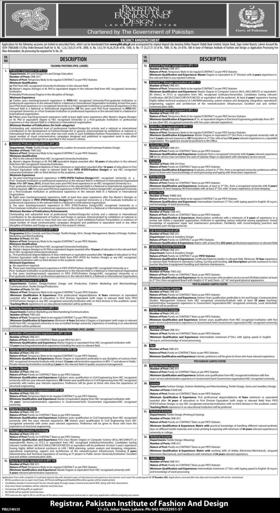 Image showcasing Latest Pakistan Institute of Fashion and Design PIFD Jobs Lahore 2025 ...