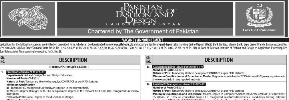 Image showcasing Latest Pakistan Institute of Fashion and Design PIFD Jobs Lahore 2025 ...