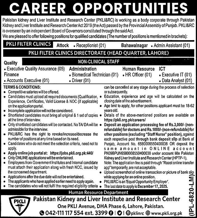 Latest Pakistan Kidney And Liver Institute And Research Centre PKLI Jobs Lahore 2025