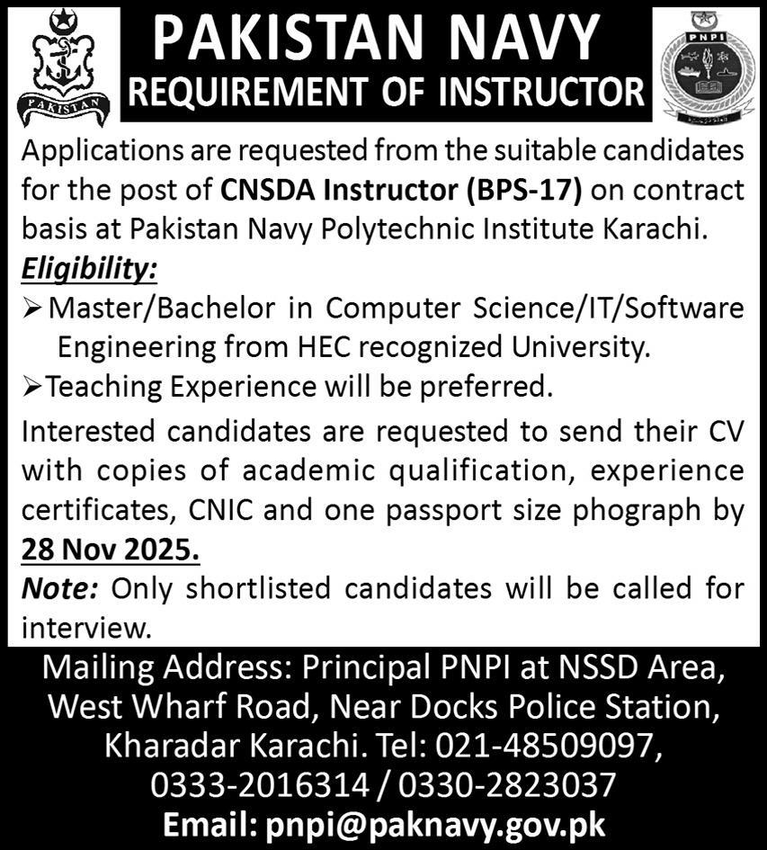 Latest Pakistan Navy Karachi Jobs 2025 for Instructor