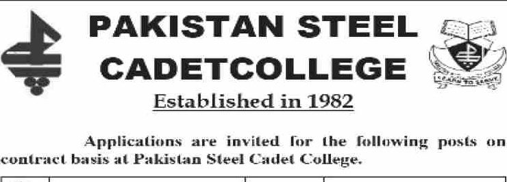 Latest Pakistan Steel Cadet College Education Jobs Karachi 2025