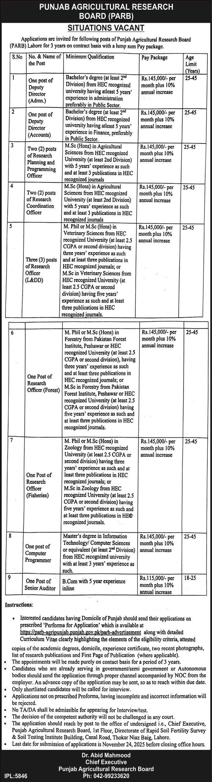 Latest Punjab Agricultural Research Board Jobs Lahore 2025