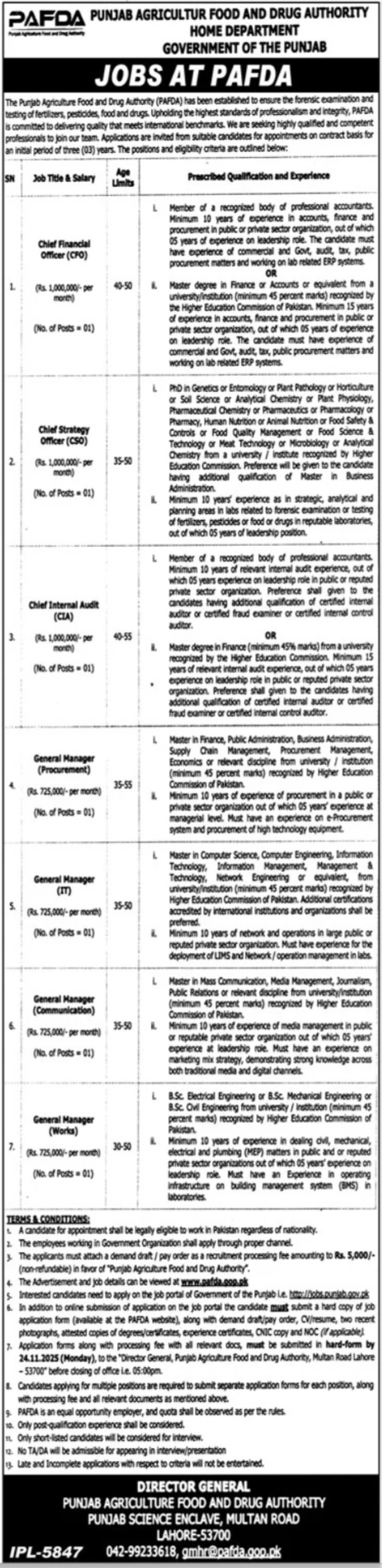 Latest Punjab Agriculture Food & Drug Authority PAFDA Jobs Lahore 2025