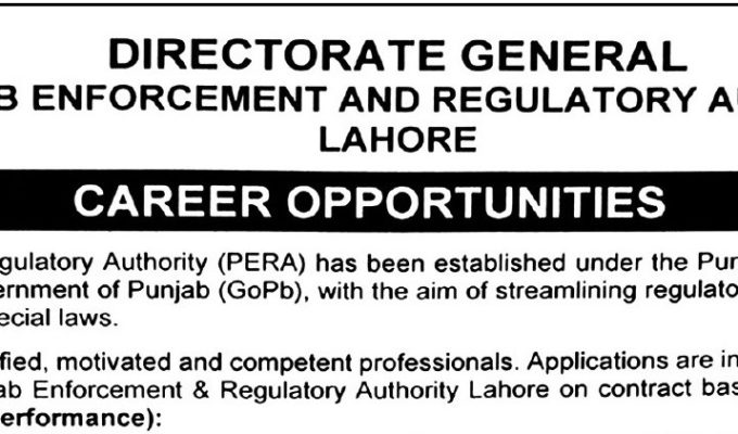 Latest Punjab Enforcement and Regulatory Authority PERA Jobs Lahore 2025