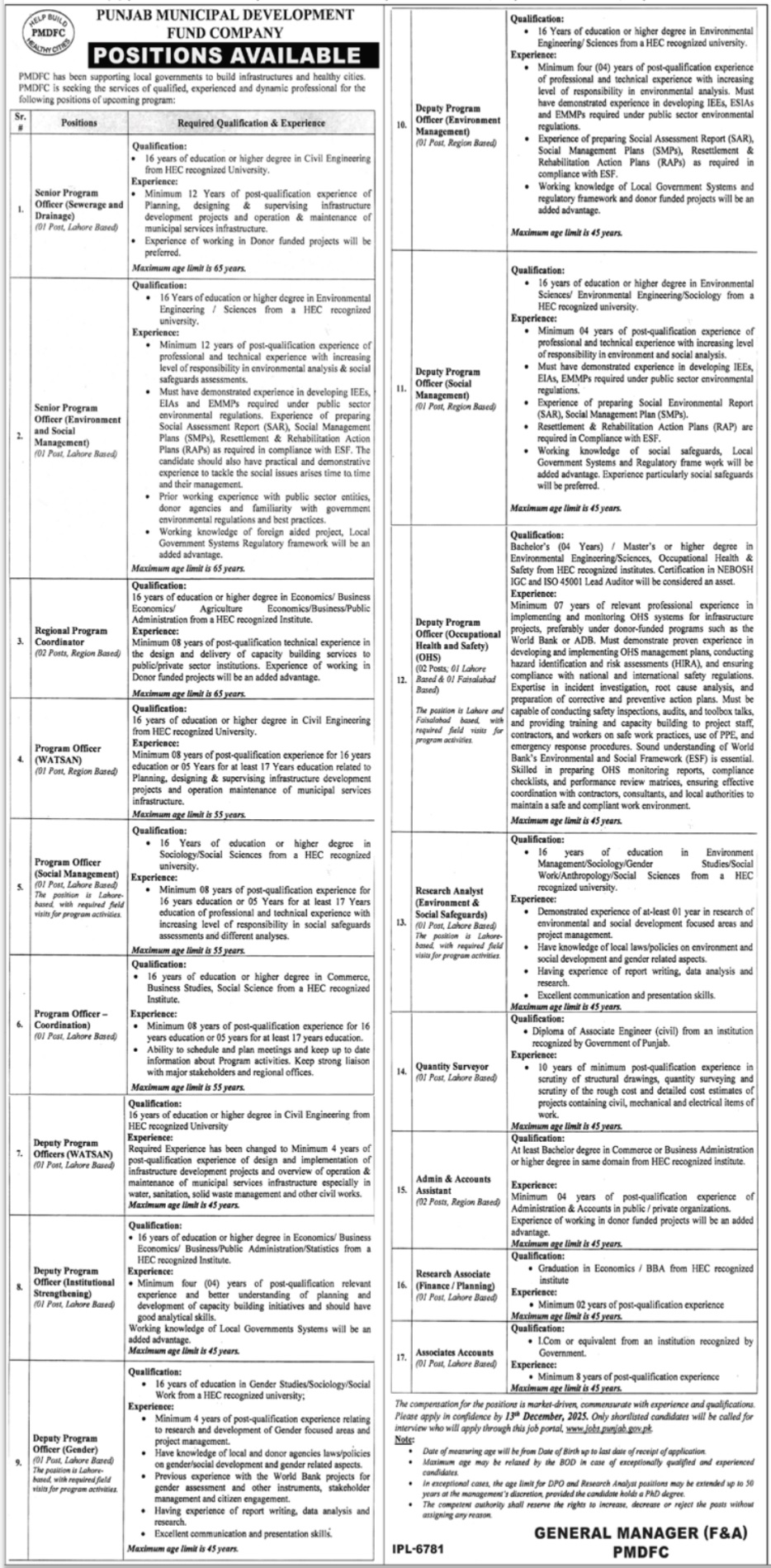 Latest Punjab Municipal Development Fund Company PMDFC Jobs Lahore 2025