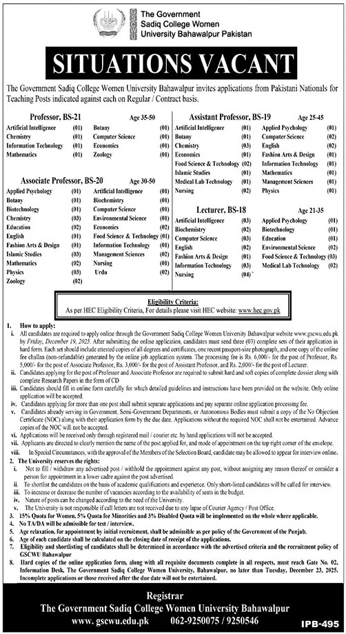 Latest The Government Sadiq College Women University Education Jobs Bahawalpur 2025