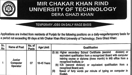 Mir Chakar Khan Rind University of Technology Jobs Dera Ghazi Khan 2025