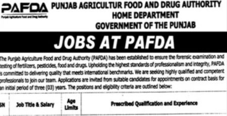 PAFDA Punjab Agriculture Food & Drug Authority Lahore Jobs 2025