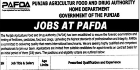 PAFDA Punjab Agriculture Food & Drug Authority Lahore Jobs 2025