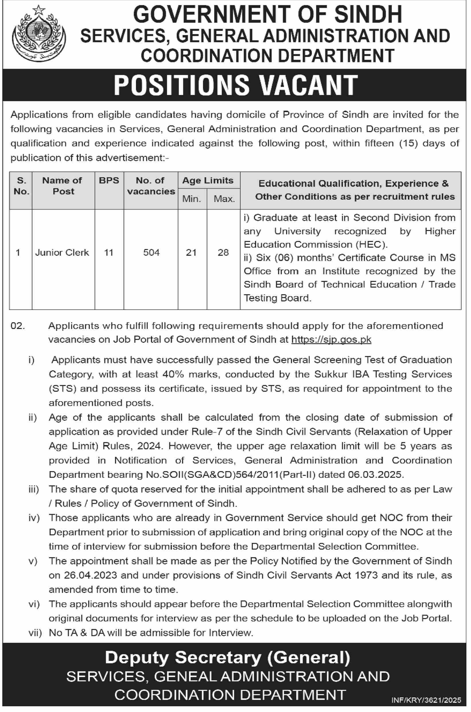 Services General Administration & Coordination Department Admin Clerical Jobs Karachi 2025