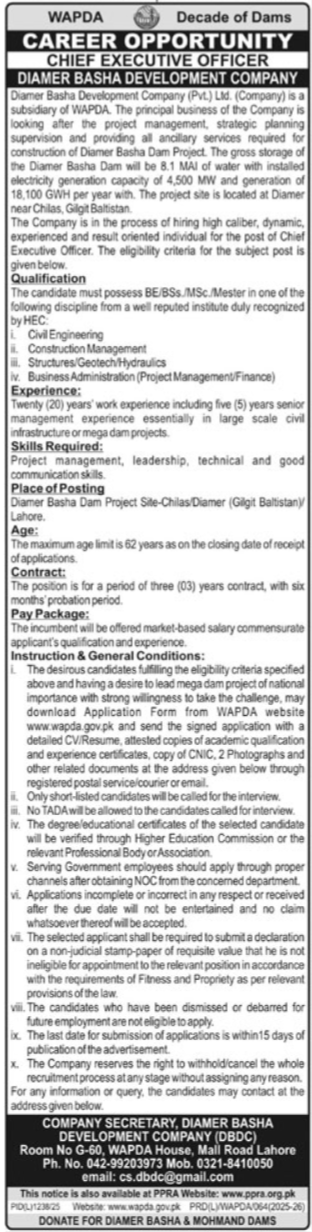 WAPDA Lahore Jobs 2025 for Chief Executive Officer CEO