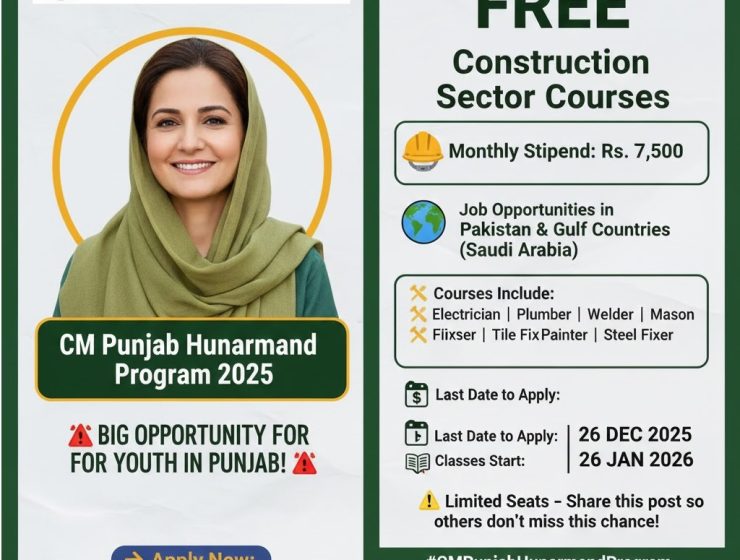 CM Punjab Hunarmand Program 2025 in TEVTA for Free Construction Courses