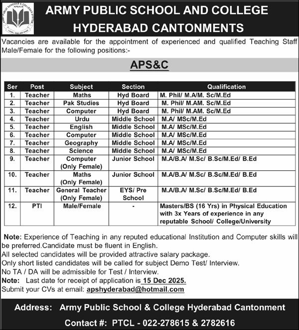 Latest Army Public School & College APS&C Education Jobs Hyderabad 2025