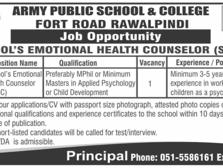 Army Public School & College Rawalpindi Jobs Openings 2026 Psychologist Position