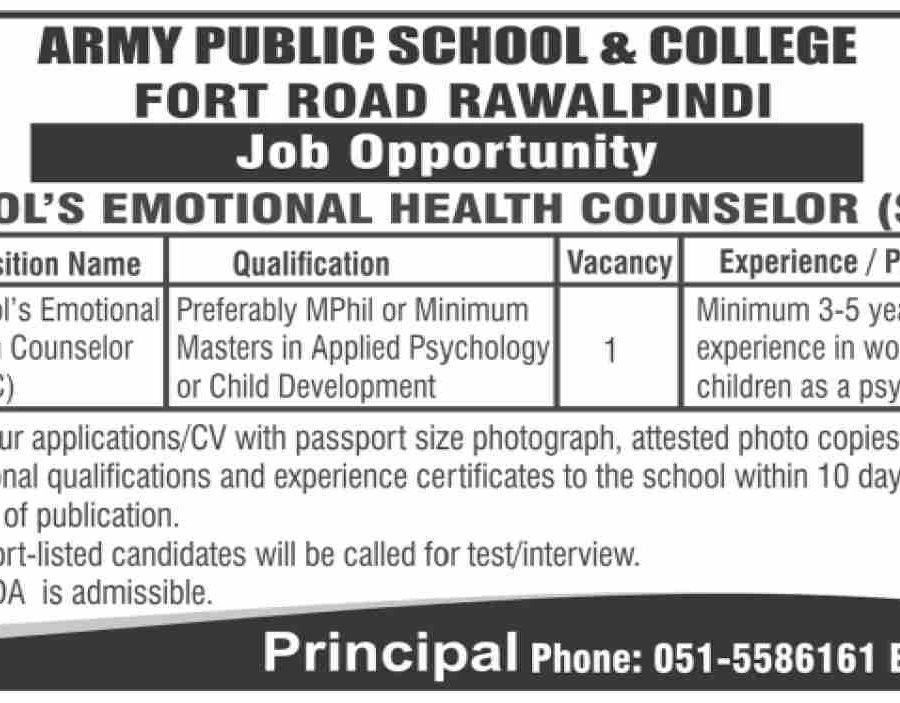 Army Public School & College Rawalpindi Jobs Openings 2026 Psychologist Position
