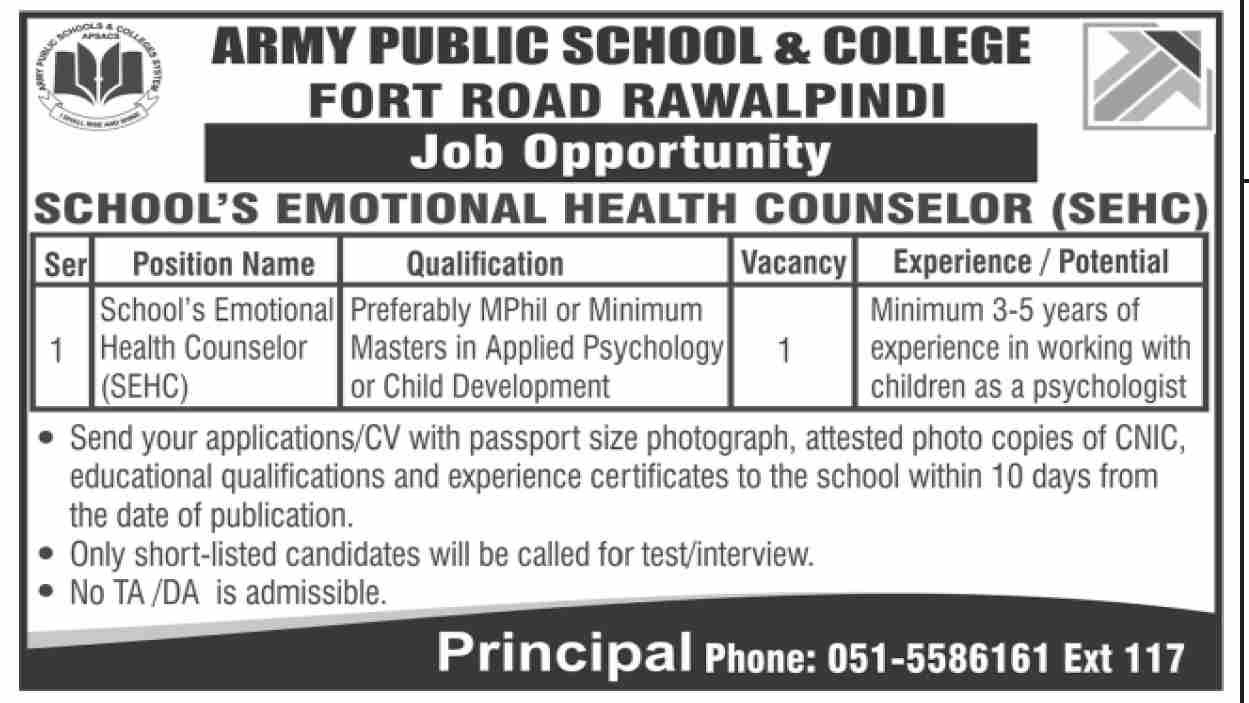 Latest Army Public School & College APS&C Education Jobs Rawalpindi 2025