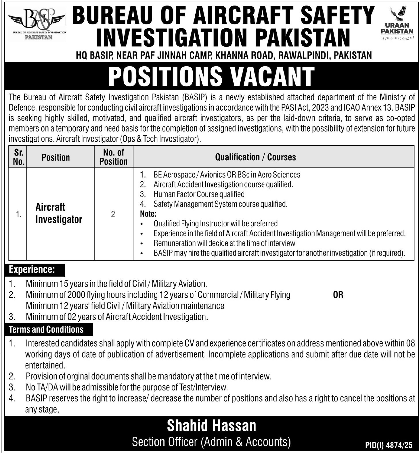Latest Bureau of Aircraft Safety Investigation Pakistan BASIP Jobs Rawalpindi 2025