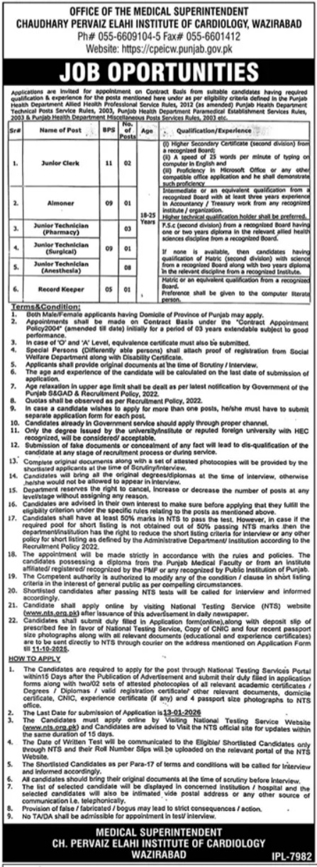Latest Chaudhry Pervaiz Elahi Institute of Cardiology Education Jobs Wazirabad 2025