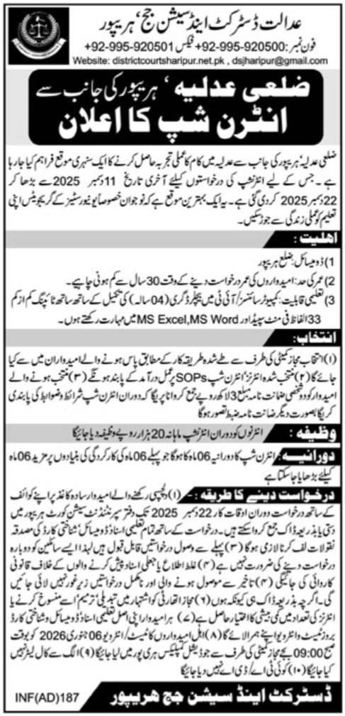 Latest District & Session Judge Jobs Haripur 2025