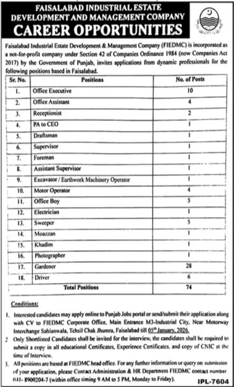 Latest Faisalabad Industrial Estate Development & Management Company FIEDMC Jobs Faisalabad 2025