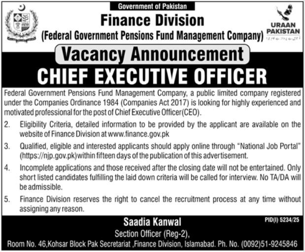 Government of Pakistan Finance Division Jobs Openings 2026 – Apply Online