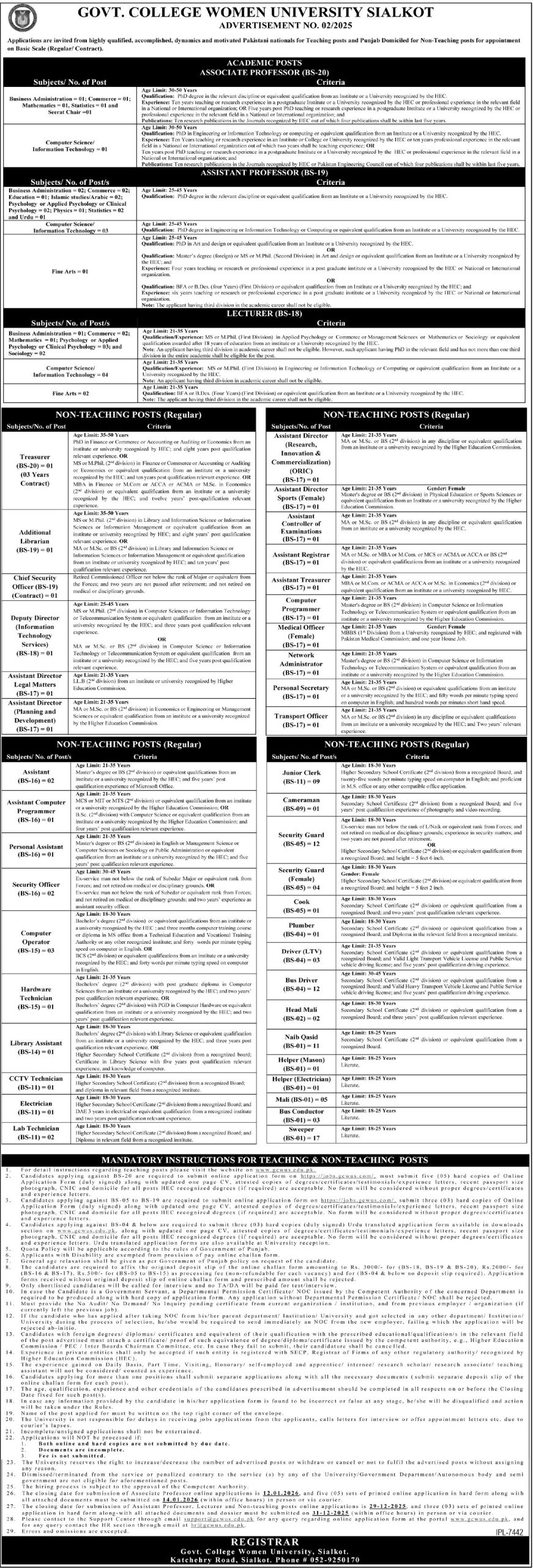 Latest Government College Women University Sialkot GCWU Jobs Sialkot 2025