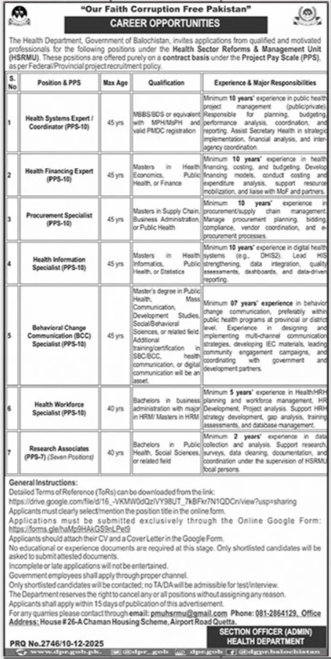 Latest Health Department Jobs Quetta 2025