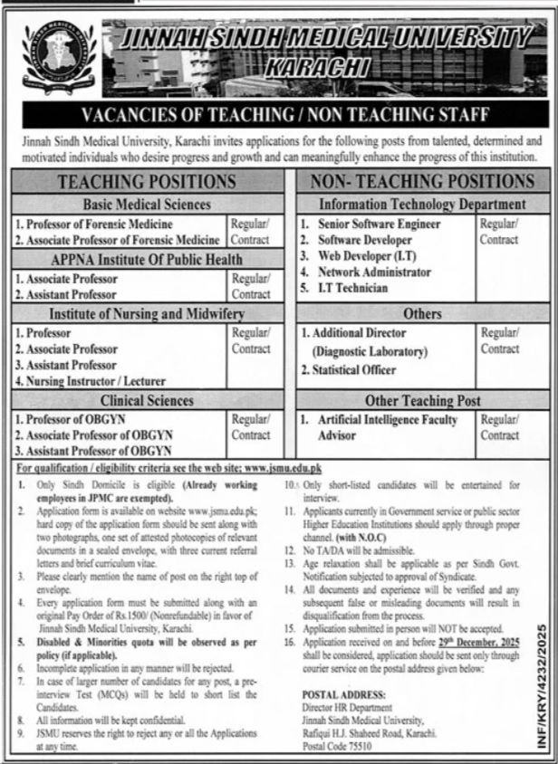 Latest Jinnah Sindh Medical University Education Jobs Karachi 2025