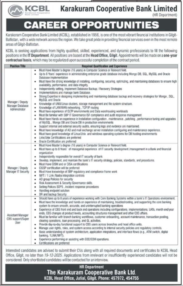Latest Karakuram Cooperative Bank Limited  Jobs Gilgit 2025