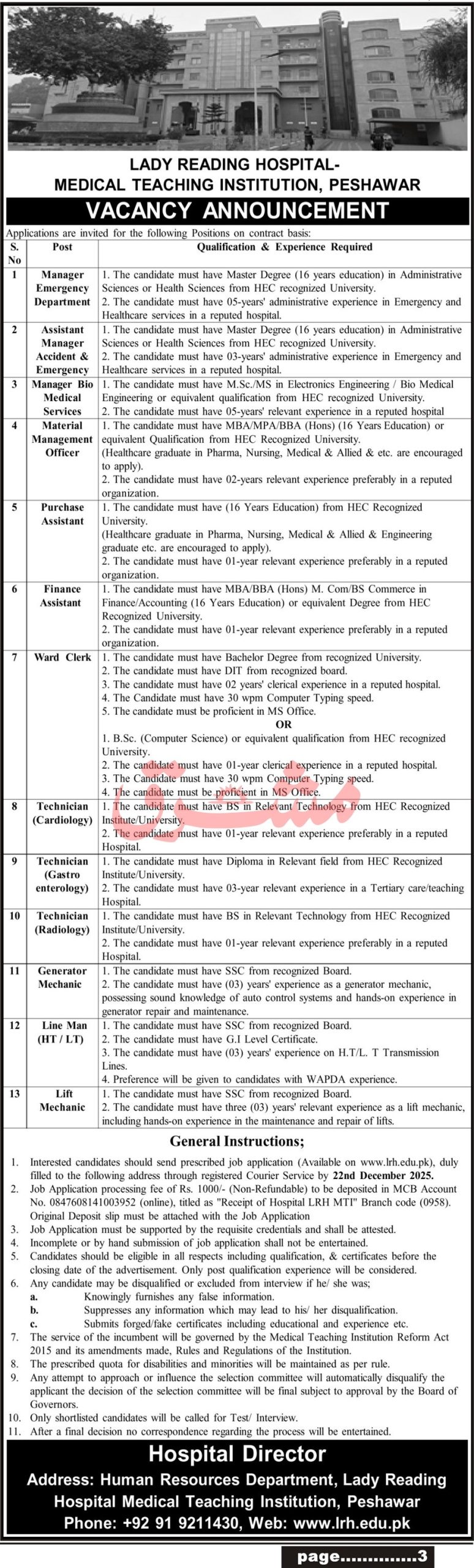Latest Lady Reading Hospital  Jobs Peshawar 2025