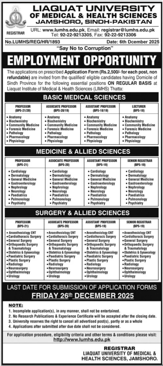 Latest Liaquat University of Medical & Health Sciences Education Jobs Jamshoro 2025