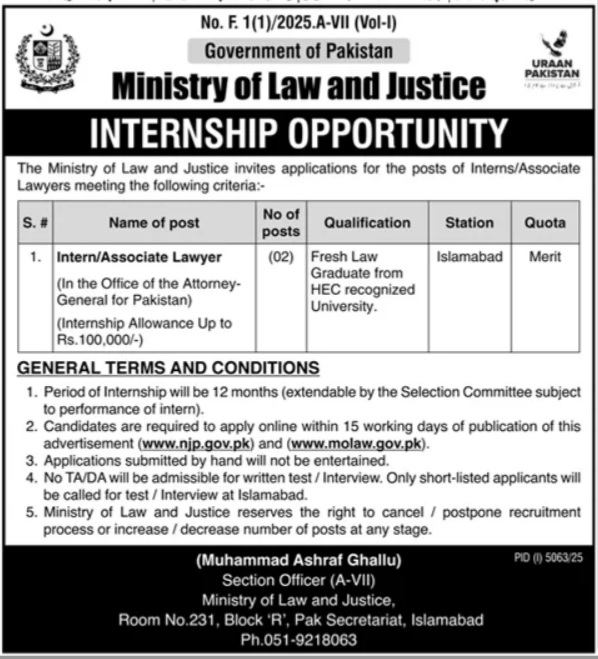 Latest Ministry of Law and Justice Jobs Islamabad 2025