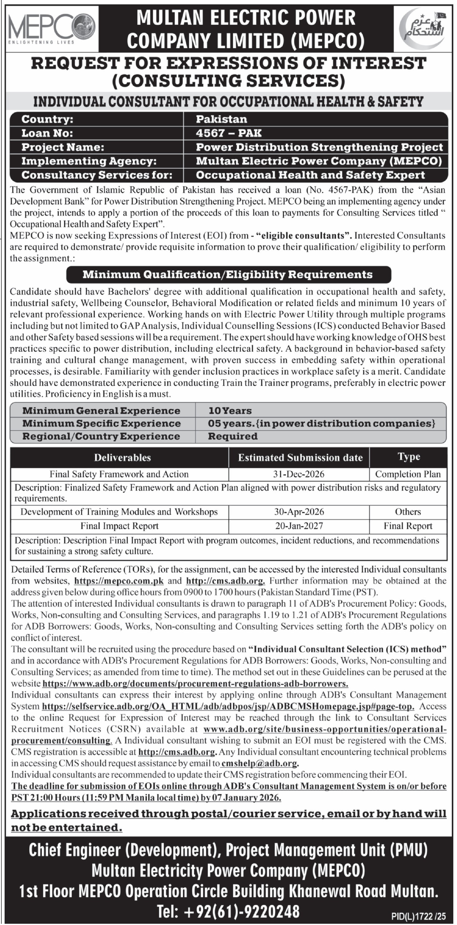 Latest Multan Electric Power Company MEPCO Consultant Jobs Multan 2025