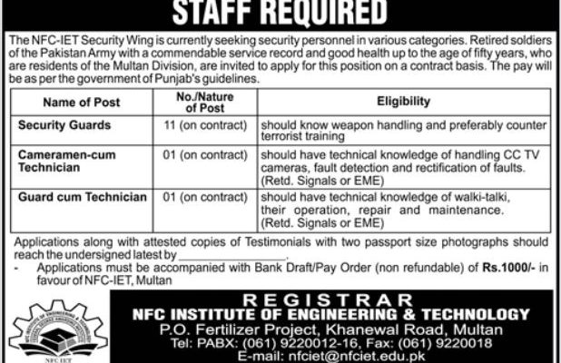 NFC Institute Of Engineering & Technology Multan Jobs 2025
