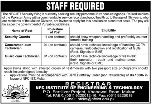 NFC Institute Of Engineering & Technology Multan Jobs 2025