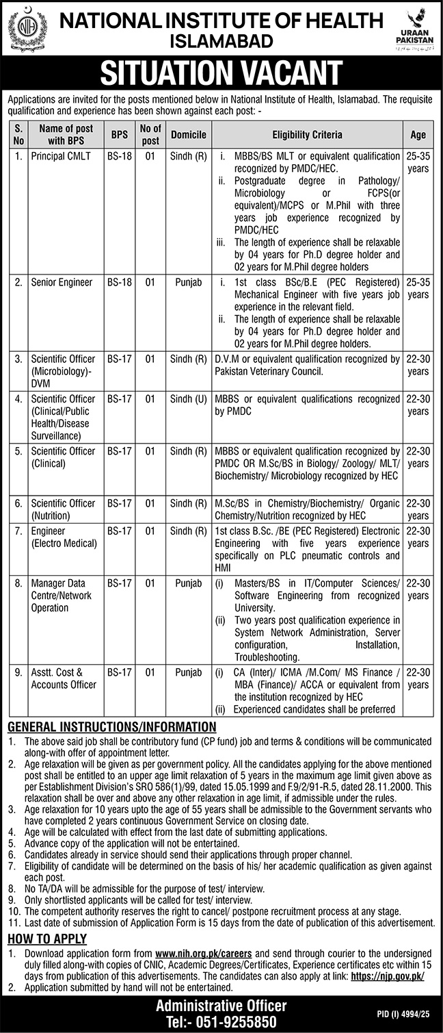 Latest National Institute of Health NIH Education Jobs Islamabad 2025
