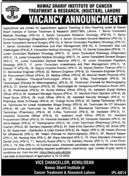 Latest Nawaz Sharif Institute of Cancer Treatment & Research Education Jobs Lahore 2025